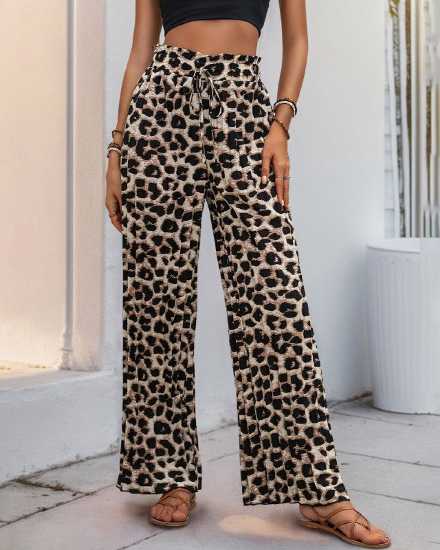 Leopard Print Tie Waist Wide Leg Pants - Black - 1