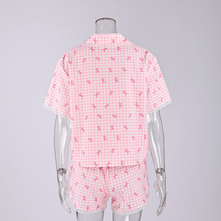 Bow Gingham Three Piece Pajama Set - Pink - 2