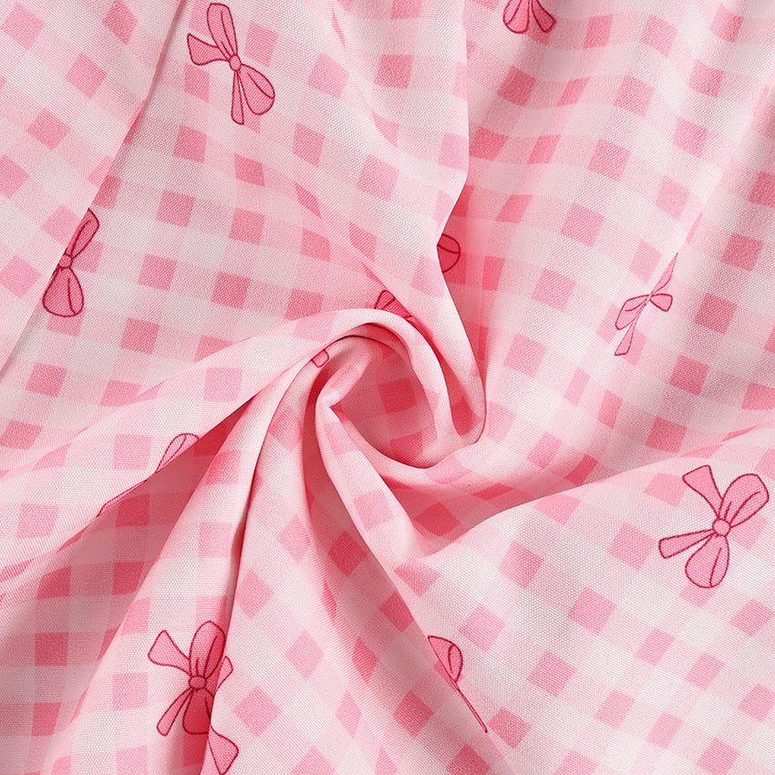 Bow Gingham Three Piece Pajama Set - Pink - 3