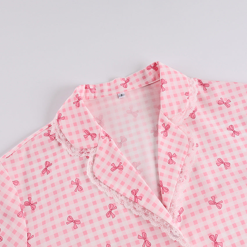 Bow Gingham Three Piece Pajama Set - Pink - 4