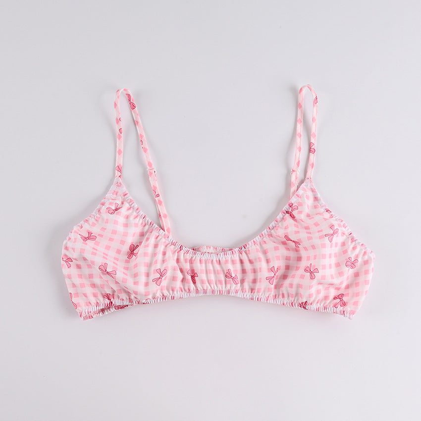 Bow Gingham Three Piece Pajama Set - Pink - 5