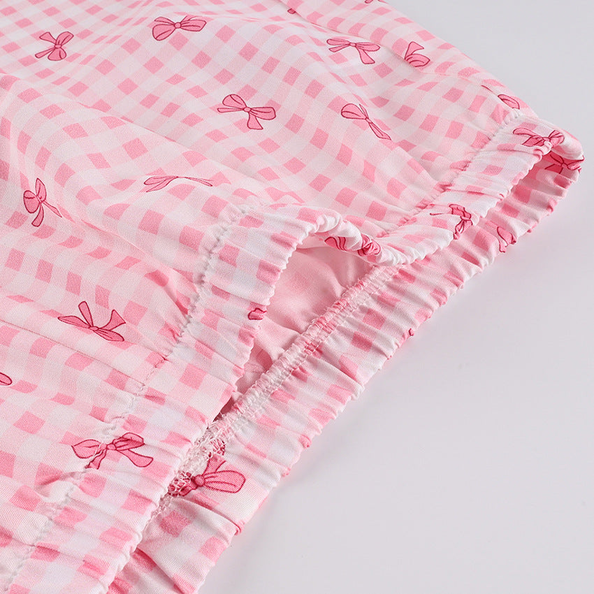 Bow Gingham Three Piece Pajama Set - Pink - 6