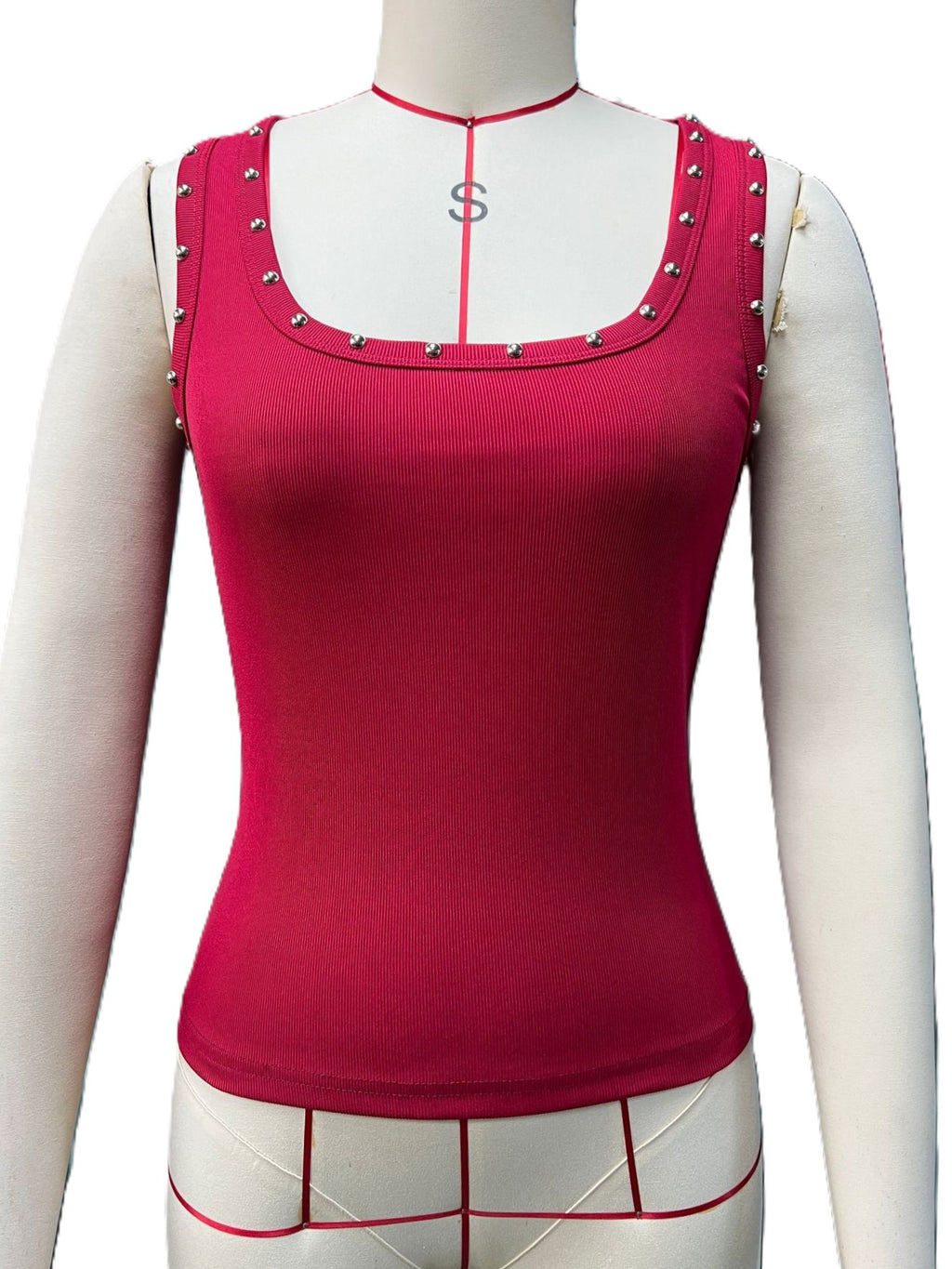 Scoop Neck Studded Rib Knit Tank Top - WineRed