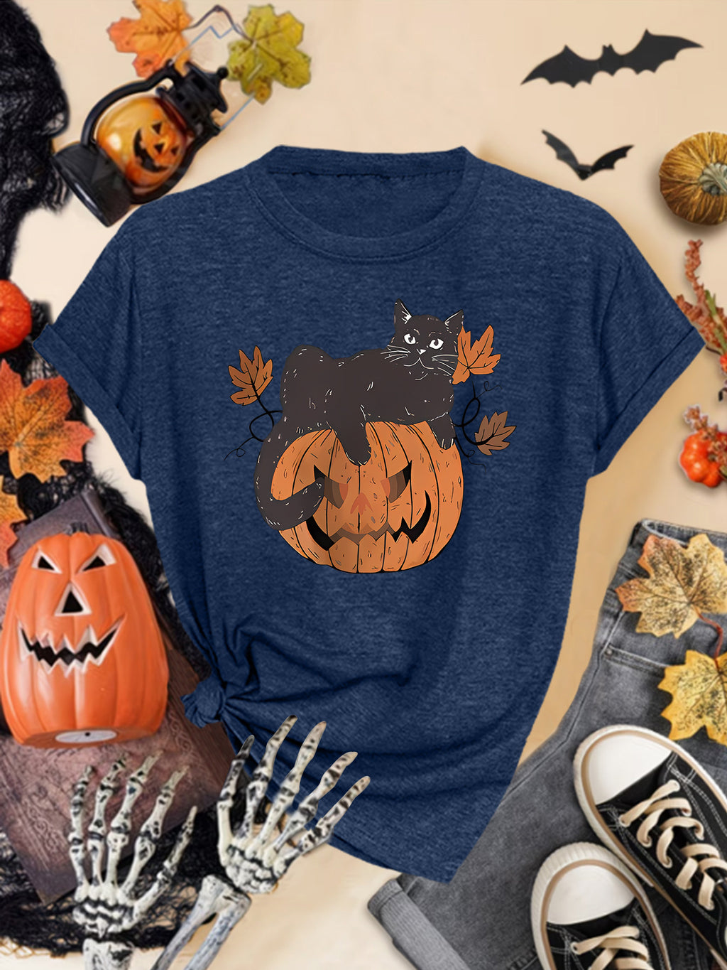Spooky Cat Pumpkin Graphic Crewneck Tee - DarkBlue