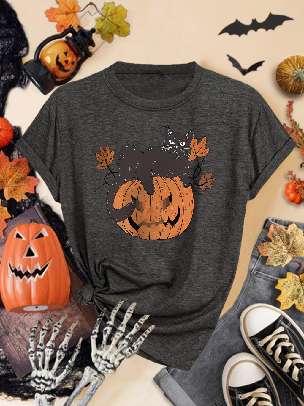 Spooky Cat Pumpkin Graphic Crewneck Tee - DarkGrey