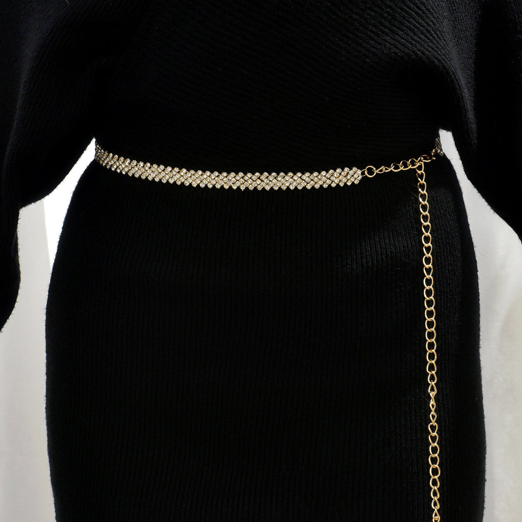 Pave Crystal Mesh Waist Chain Belt - Gold - 2