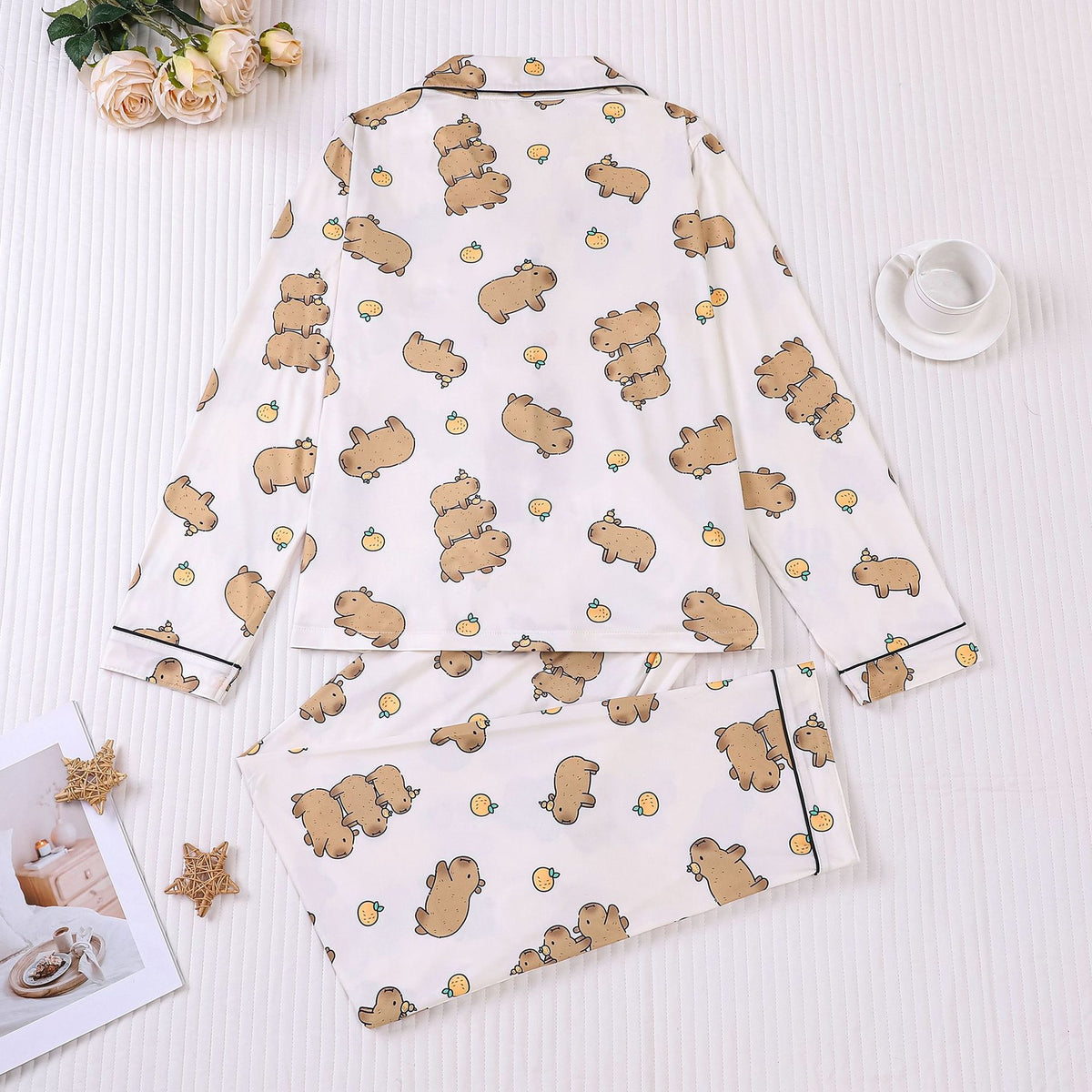 Capybara Print Button Front Pajama Set - White - 1