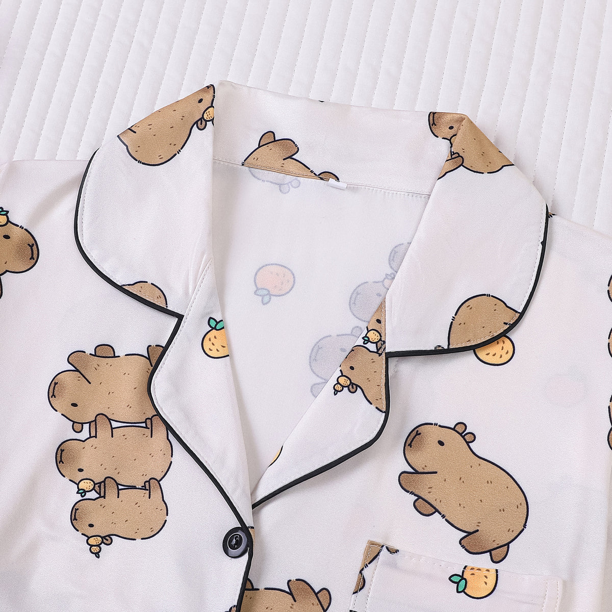 Capybara Print Button Front Pajama Set - White - 2
