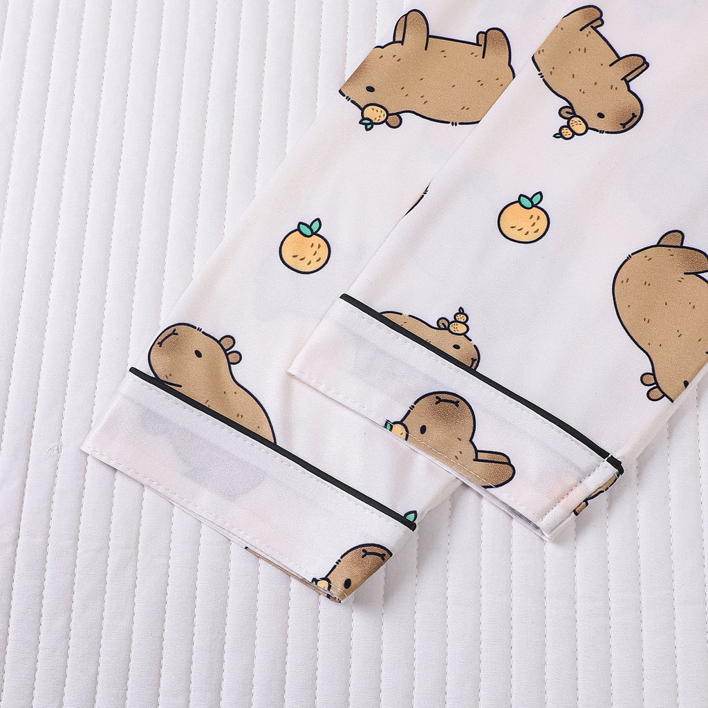 Capybara Print Button Front Pajama Set - White - 3