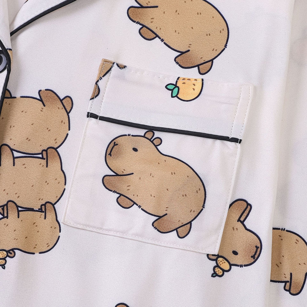 Capybara Print Button Front Pajama Set - White - 4