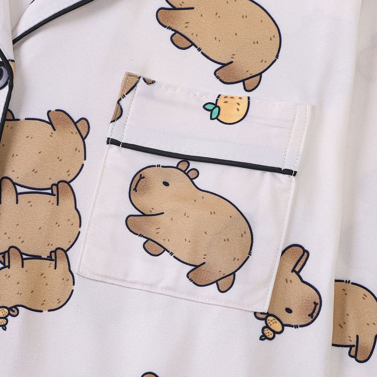 Capybara Print Button Front Pajama Set - White - 4
