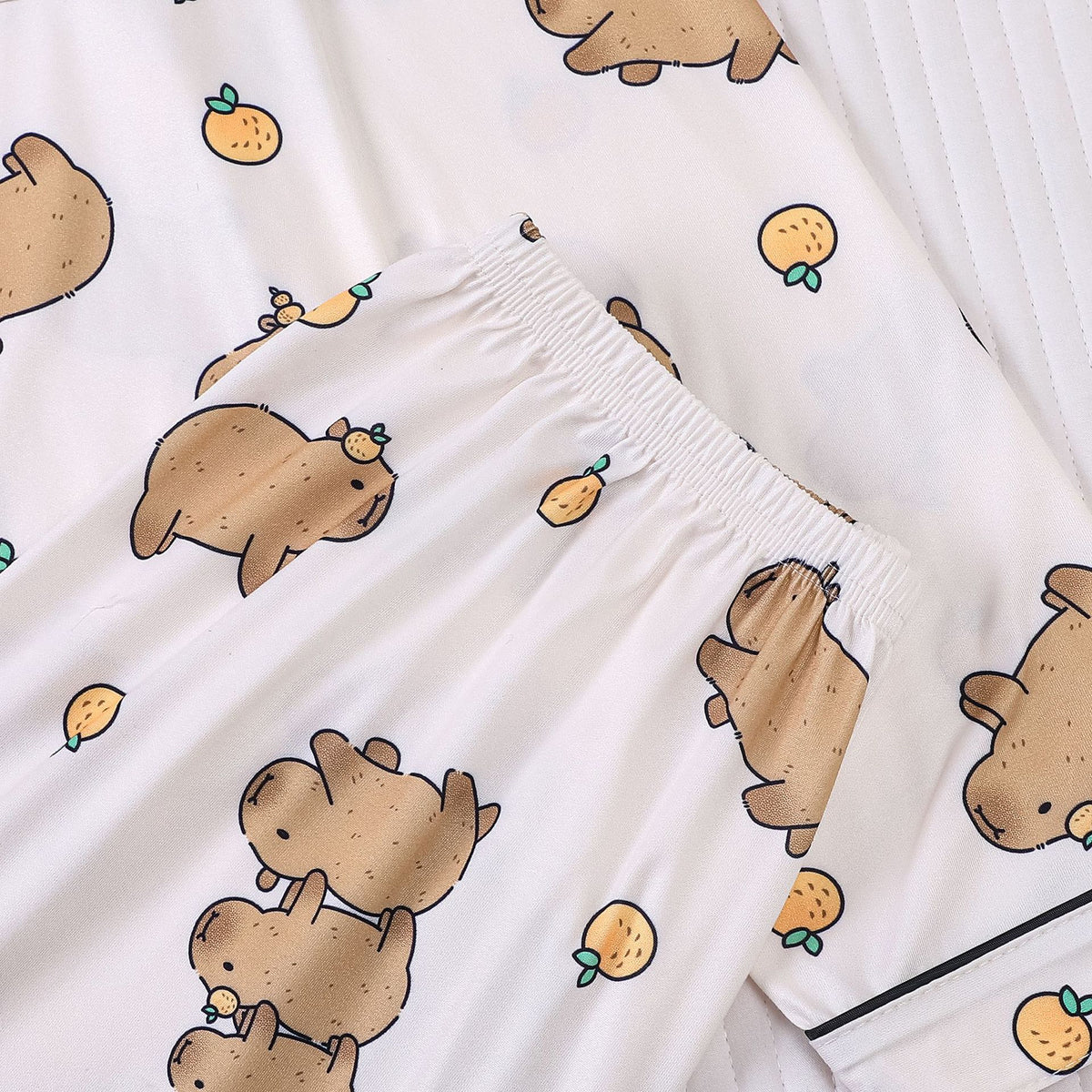 Capybara Print Button Front Pajama Set - White - 5