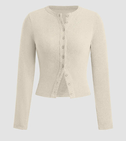 Ribbed Button Front Fitted Knit Top - Apricot