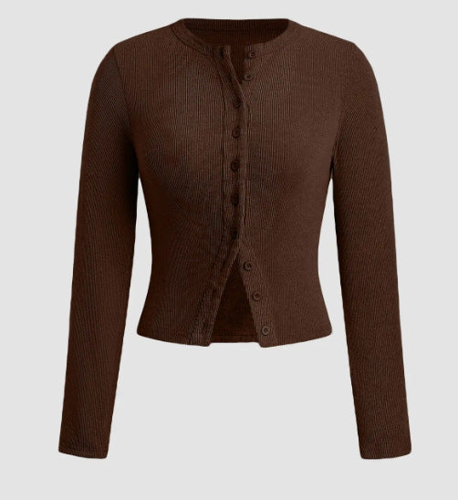 Ribbed Button Front Fitted Knit Top - Coffee