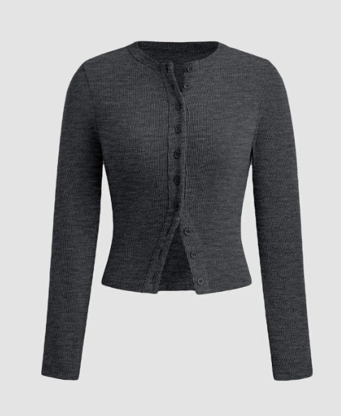 Ribbed Button Front Fitted Knit Top - DarkGray