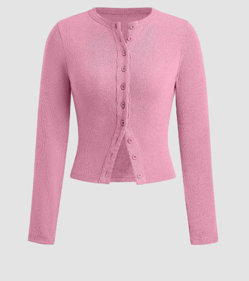 Ribbed Button Front Fitted Knit Top - Pink
