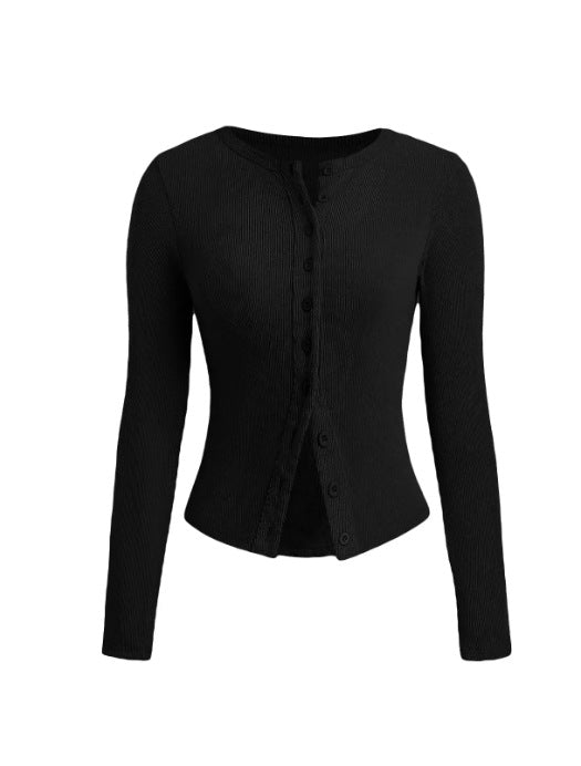 Ribbed Button Front Fitted Knit Top - black