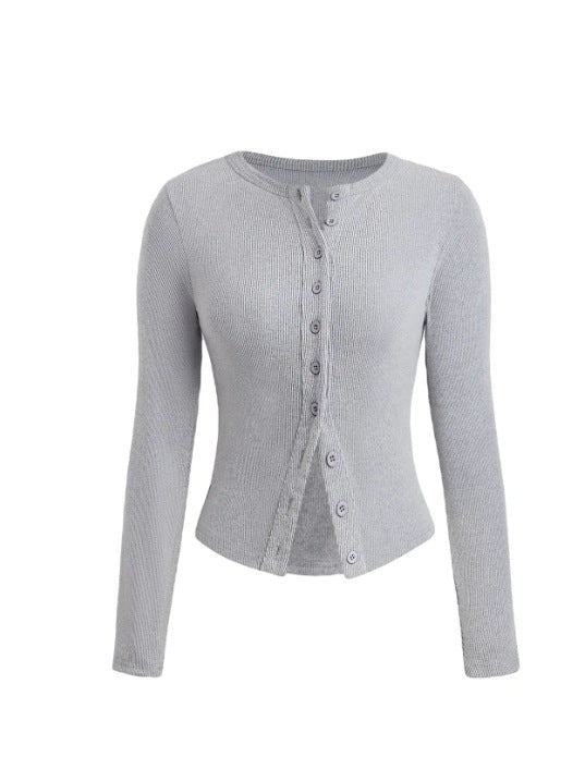 Ribbed Button Front Fitted Knit Top - gray