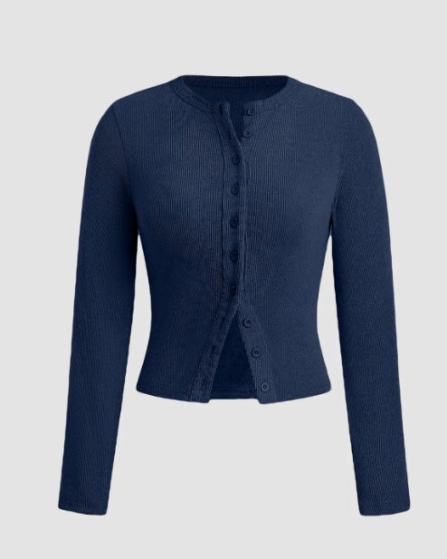 Ribbed Button Front Fitted Knit Top - navy