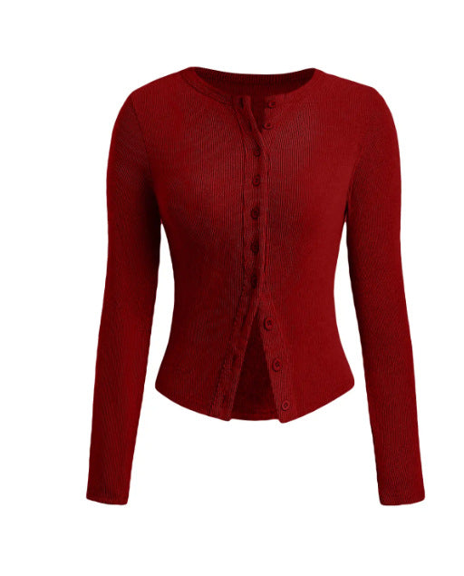 Ribbed Button Front Fitted Knit Top - red