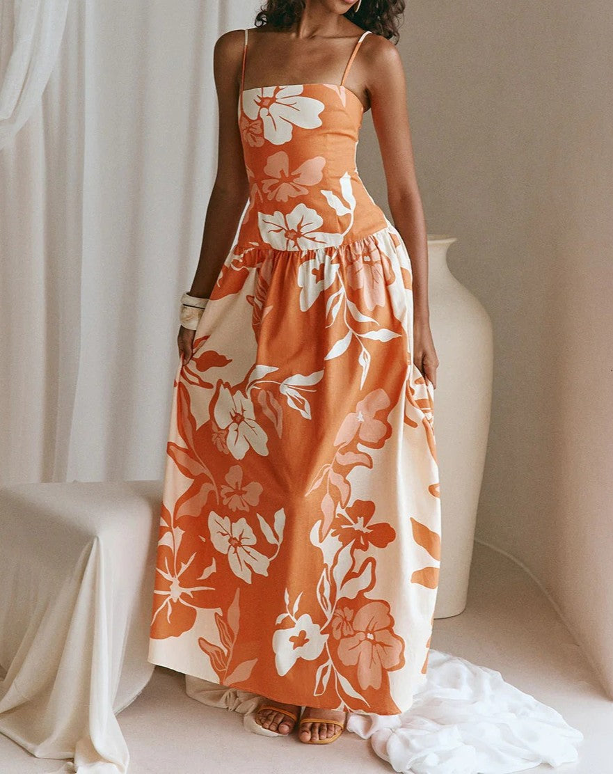 Tropical Floral Maxi Dress With Thin Straps - Orange