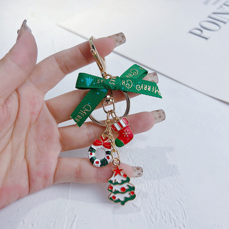 Festive Bow Charm Keychain With Tree Pendant - Green