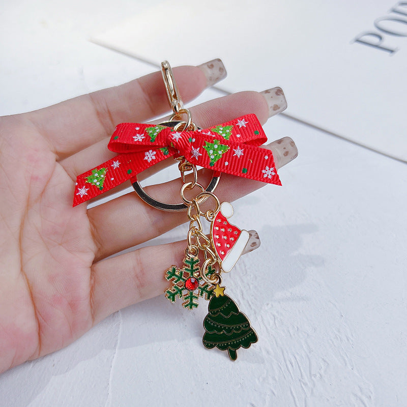 Festive Bow Charm Keychain With Tree Pendant - Red