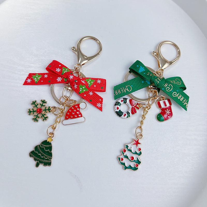 Festive Bow Charm Keychain With Tree Pendant