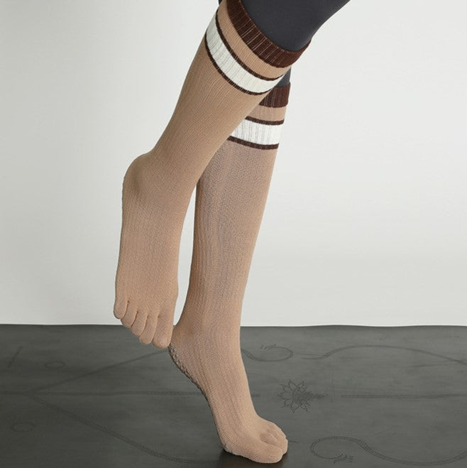 Striped Toe Separated Knee High Socks - Brown - 1