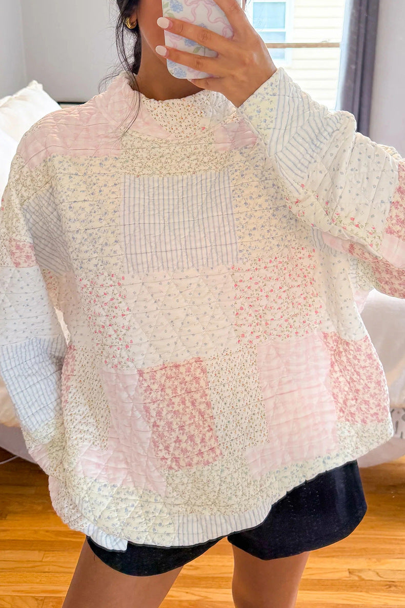 Floral Patchwork Mock Neck Oversized Sweatshirt - Floral - 1