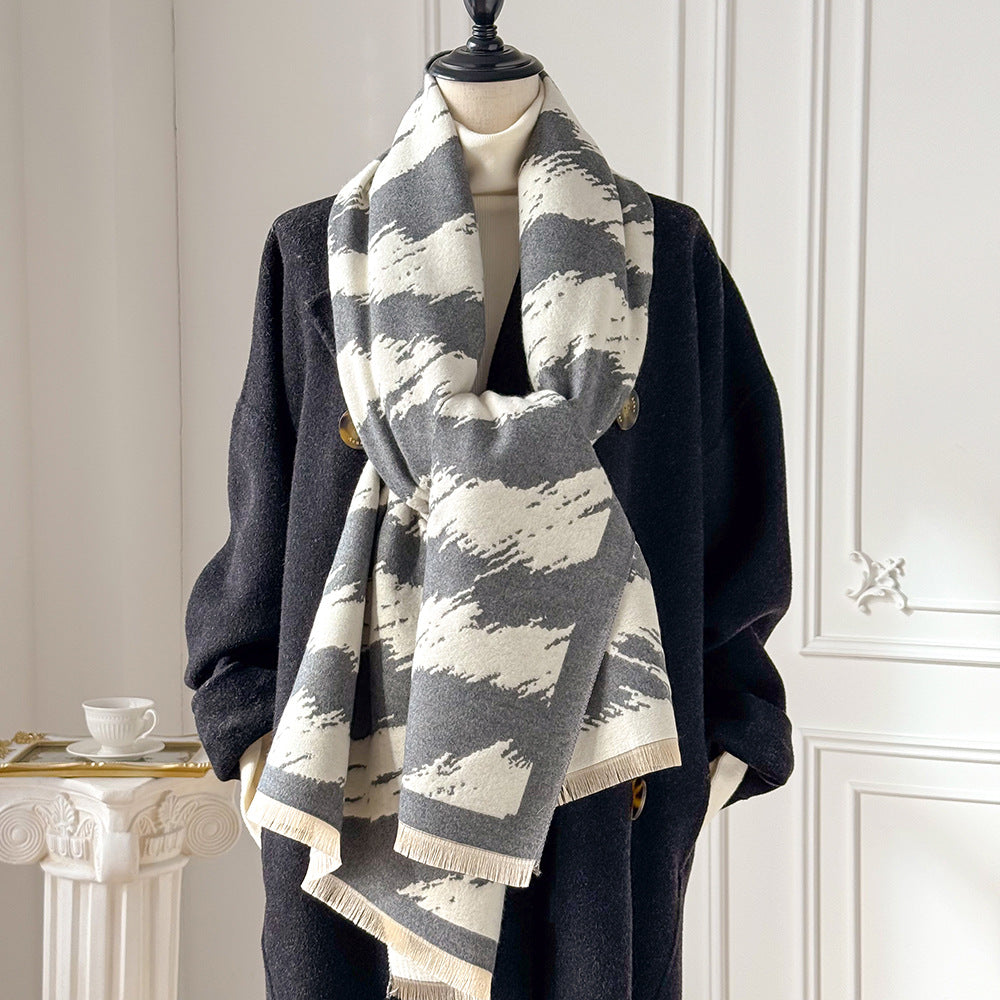 Brushstroke Stripe Fringed Blanket Scarf - Grey