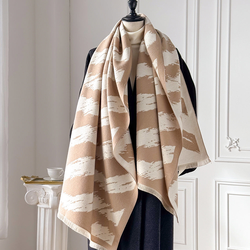 Brushstroke Stripe Fringed Blanket Scarf - Khaki