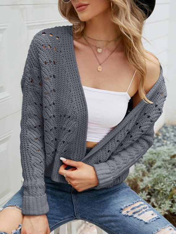 Pointelle Cropped Open Front Long Sleeve Cardigan - Darkgrey - 1