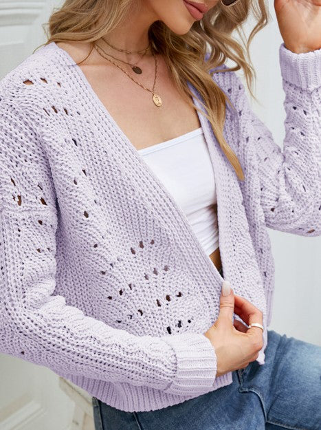 Pointelle Cropped Open Front Long Sleeve Cardigan - Purple
