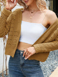 Pointelle Cropped Open Front Long Sleeve Cardigan - Yellow