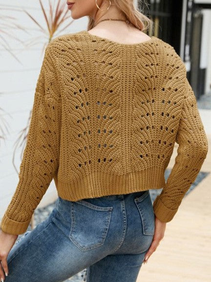 Pointelle Cropped Open Front Long Sleeve Cardigan - Yellow - 1