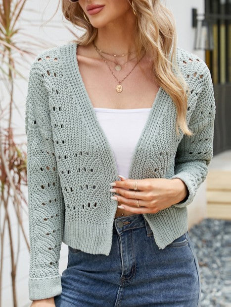 Pointelle Cropped Open Front Long Sleeve Cardigan - view 1