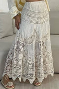 Crochet Lace Tiered Maxi Skirt - beige