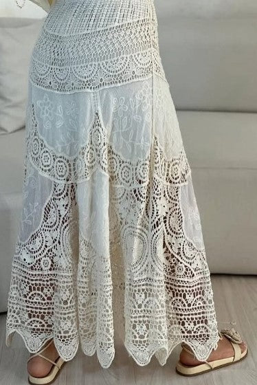 Crochet Lace Tiered Maxi Skirt - beige - 1