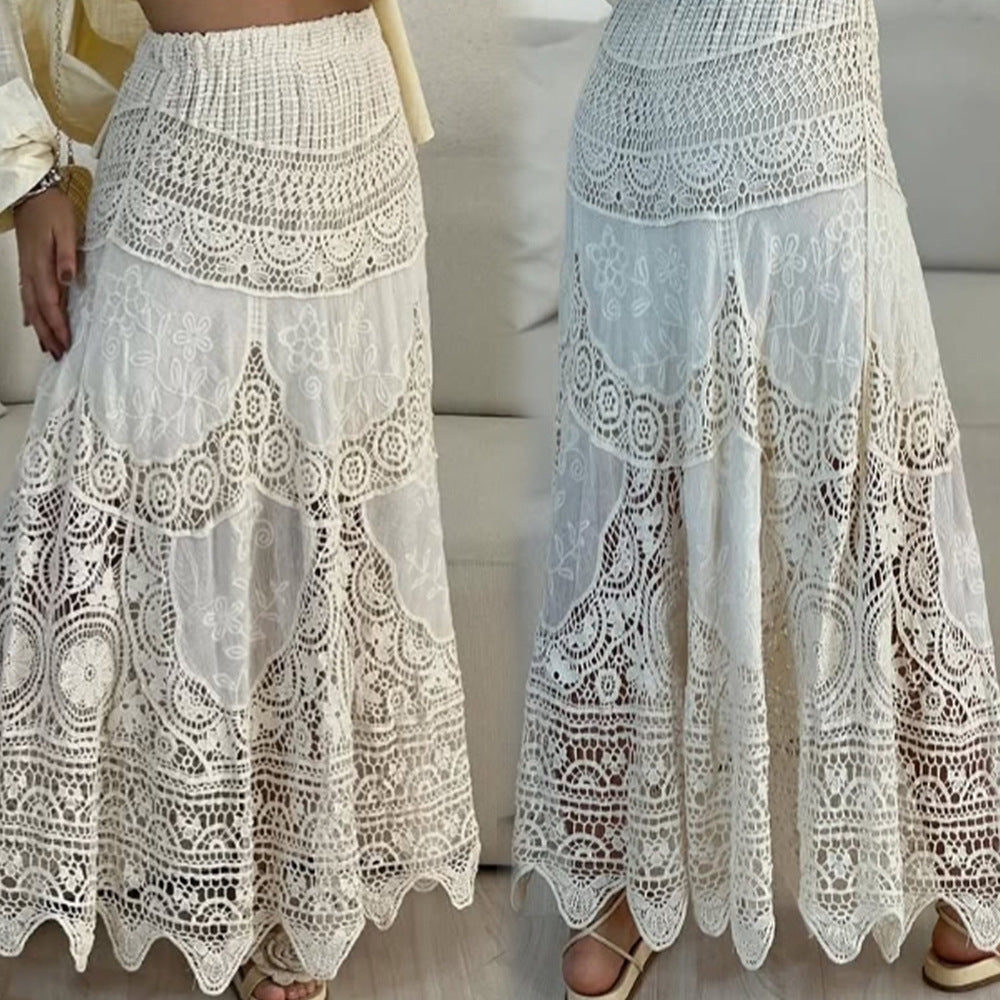 Crochet Lace Tiered Maxi Skirt - beige - 2