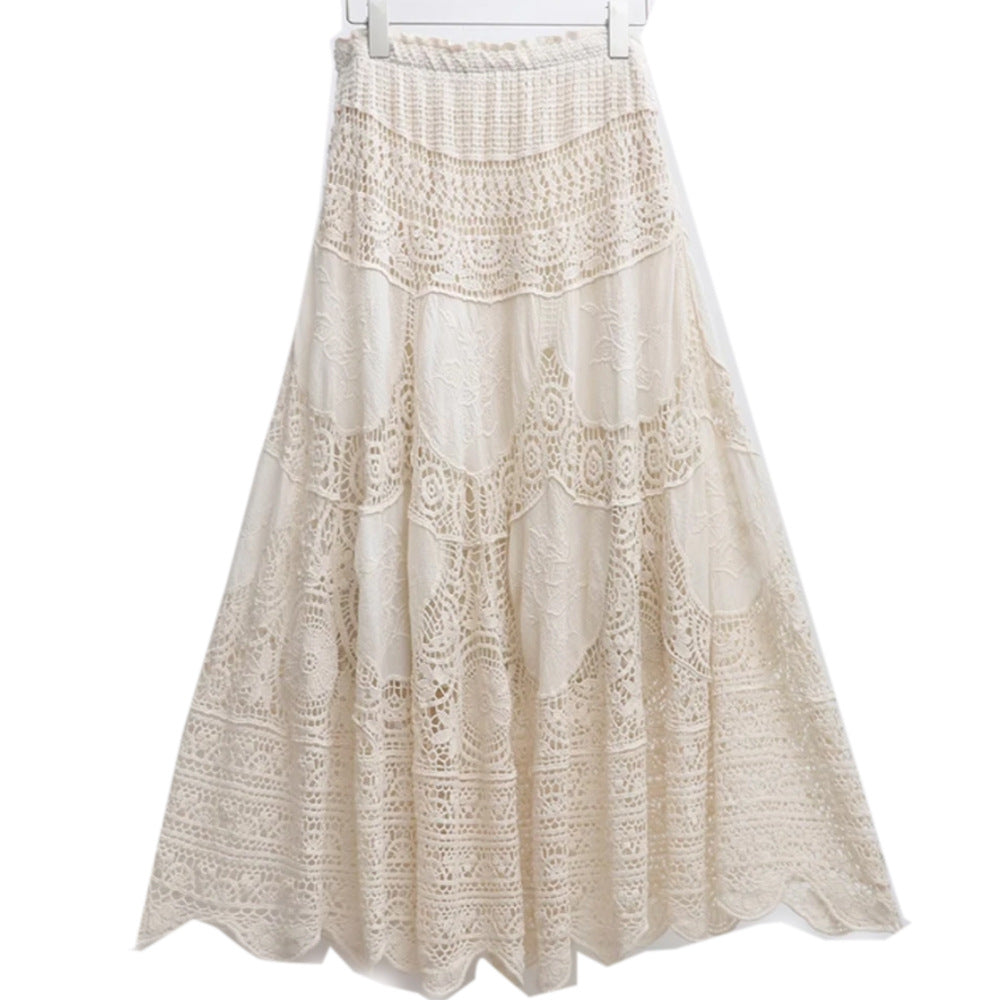 Crochet Lace Tiered Maxi Skirt - beige - 3