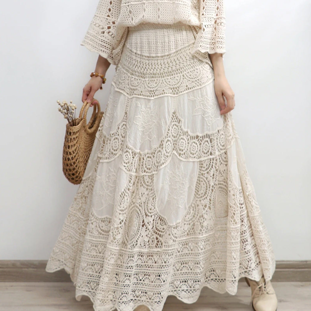 Crochet Lace Tiered Maxi Skirt - beige - 4