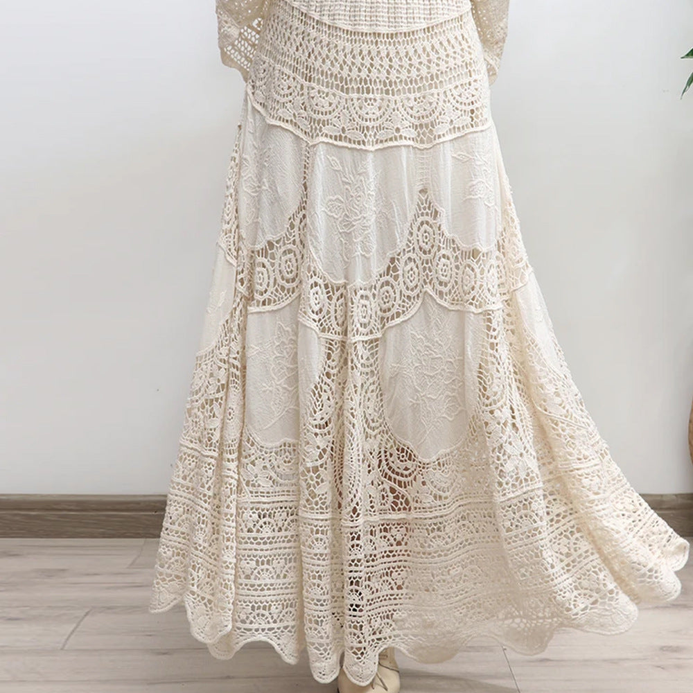 Crochet Lace Tiered Maxi Skirt - beige - 5