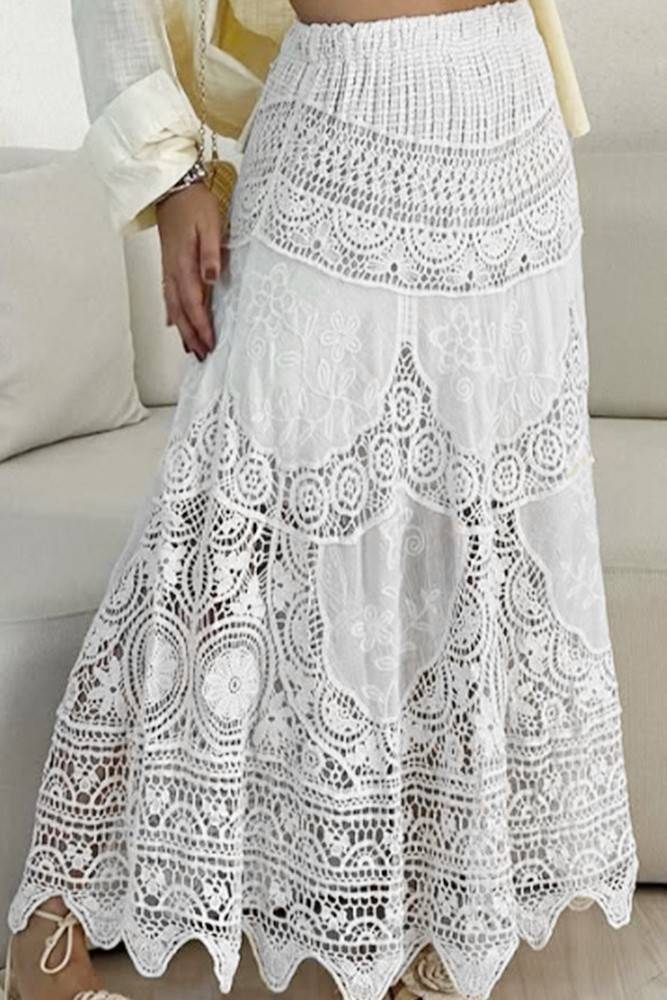 Crochet Lace Tiered Maxi Skirt - white