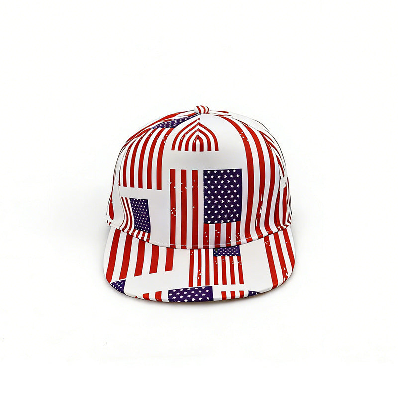 Americana Flag Print Flat Brim Trucker Hat - Red