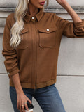 Textured Herringbone Zip Front Bomber Jacket - Coffee