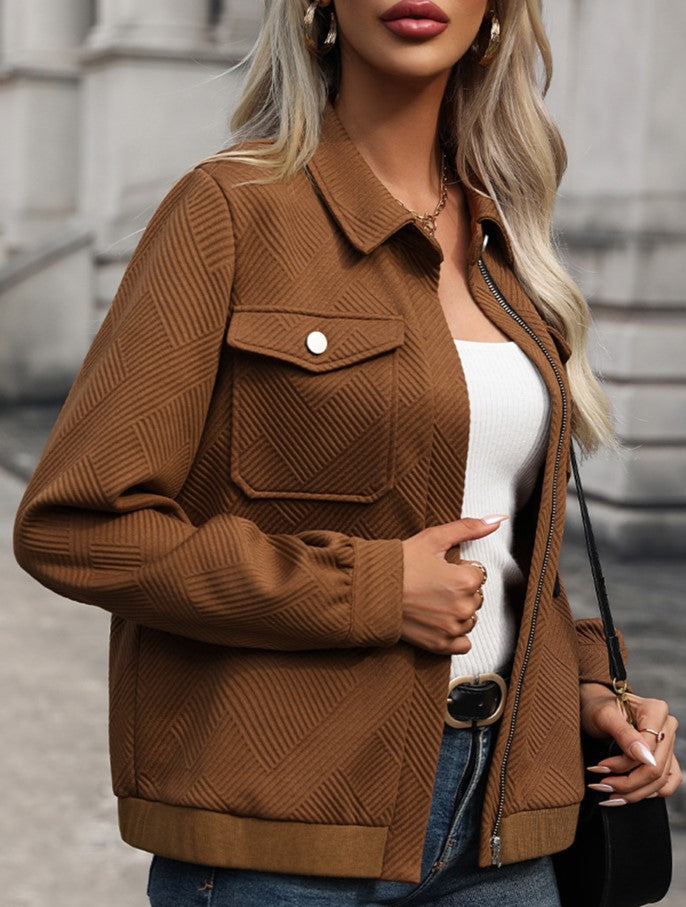 Textured Herringbone Zip Front Bomber Jacket - Coffee - 1
