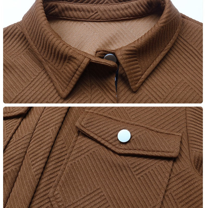 Textured Herringbone Zip Front Bomber Jacket - Coffee - 2