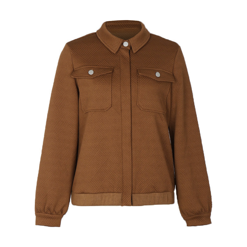 Textured Herringbone Zip Front Bomber Jacket - Coffee - 3