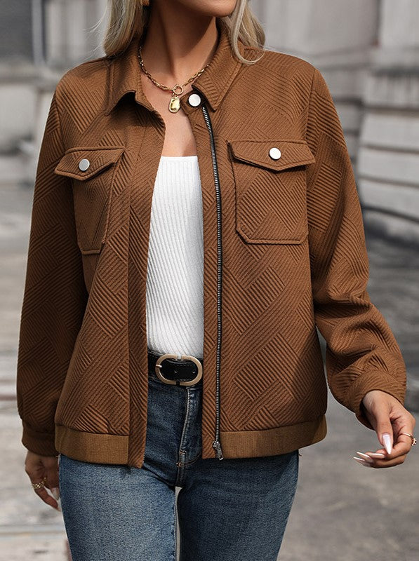 Textured Herringbone Zip Front Bomber Jacket - Coffee - 6